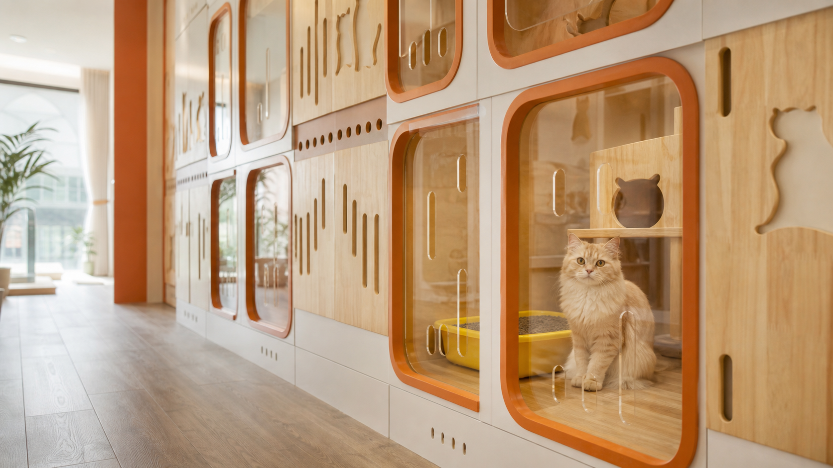 ภาพห้องพักแมวสีขาวกรอบส้มของ My Cat Mansion